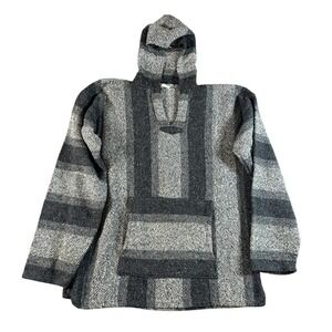 Vintage Focus Mexican Baja Hoodie Grey Striped Drug Rug‎ Pullover Large Mexico